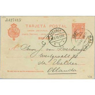 1910. Cadete.10 c. rojo. Málaga a Helder. Mat. Málaga, llegada (Laiz 47A) 3€