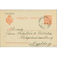 1914. Medallón.10 c. rojo sobre azulado. St. Eulalia, Murcia a Magdeburg, Alemania. Mat. Amb. Asce. (Laiz 49) 24€
