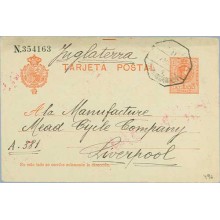 1911. Medallón.10 c. rojo sobre azulado. Peñarroya, Córdoba a Liverpool, Mat. Amb Asce. Pozoblanco Peñarroya (Laiz 49b) 24€