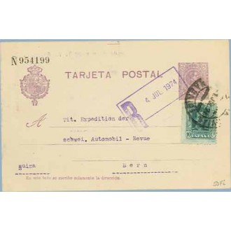 1924. Medallón.15 c. violeta + 10 c. verde. Vaquer (Ed. 314) Madrid a Bern, Suiza. Mat. Madrid marca R 4 Jul. 1924 en color viol