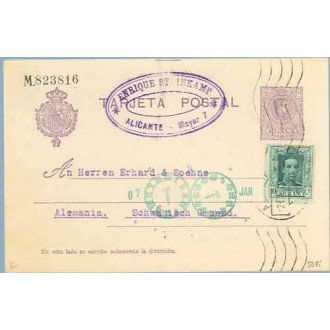 1923. Medallón. 15 c. violeta + 10 c. verde. Vaquer (Ed. 314) Alicante a Schwabisch, Alemania. Mat. Alicante (Laiz 50Fi) 24€