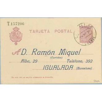 1925. Medallón. 15 c. violeta sobre crema. Sobreimpresión Privada. D. Ramón Miguel. (Curtidos) Alba, 29. Igualada (Barcelona). I
