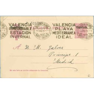 1932. Habilitación en negro.15 c. lila. Valencia a Madrid. Mat. Sucursal Alcance Norte Valencia Playa Mediterranea Ideal (Laiz 6