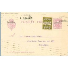 1931. Habilitación en negro. 15 c. lila + 5 c. negro y verde, serie 6ª (Barna Ed. 6).Barcelona a Zaragoza. Mat. Barcelona (Laiz 