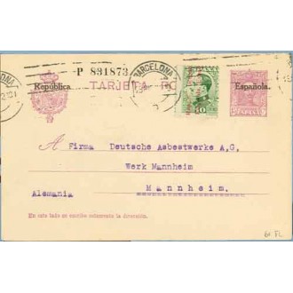 1932. Habilitación en negro.15 c. lila + 10 c.verde, obrecargado República Española (Ed. 595) Barcelona a Mannheim, Alemania. Ma