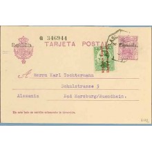 1932. Habilitación en negro.15 c. lila + 10 c. verde, sobrecargado República Española (Ed. 595). Málaga a Bad Harzburg, Alemania