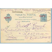 1933. Habilitación en rojo. 25 c. azul. Cartulina rugosa. Barcelona a Luzern, Suiza. Mat. Barcelona (Laiz 63C) 170€