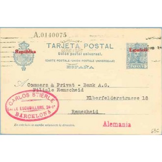 1933. Habilitación en rojo. 25 c. azul. Cartulina rugosa. Barcelona a Remscheid, Alemania (Laiz 63C 170€)