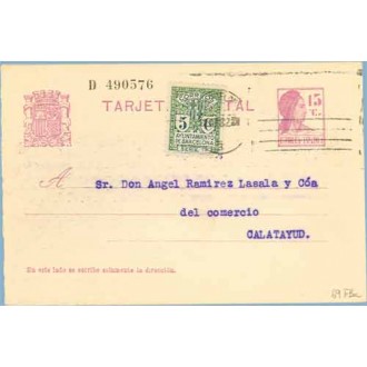 1932. Matrona.15 c. lila + 5 c. verde. Escudo, serie 1ª (Barcelona Ed. 9) Barcelona a Calatayud. Mat. Barcelona (Laiz 69FBa) 44€