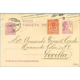 1933. Matrona. 15 c. lila + 5 c. rojo y amarillo. Escudo, serie 2ª (Barcelona Ed. 10). Barcelona a Sevilla. Mat. Barcelona (Laiz
