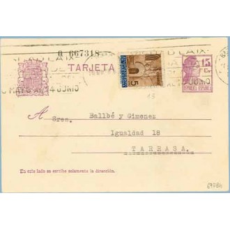 1936. Matrona.15 c. lila + 5 c. castaño. P. Gótica (Barcelona Ed.13) Barcelona a Tarrasa. Mat. Barcelona (Laiz 69FBh) 36€