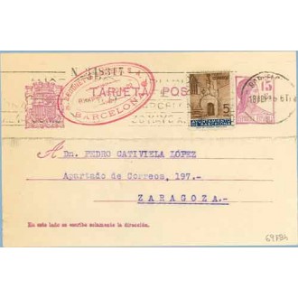 1936. Matrona. 15 c. lila + 5 c. castaño y azul. P. Gótica (Barna Ed. 13). Barcelona a Zaragoza. Mat. Barcelona (Laiz 69FBh) 36€