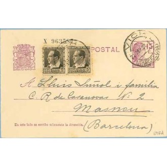 1937. Matrona.15 c. lila + 5 c. + 5 c. castaño. B. Ibánez (Ed. 681) Vich a Masnou, Barcelona. Mat. Vich (Laiz 69Fd) 44€