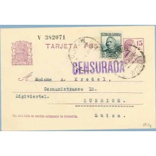 1936. Matrona.15 c. lila + 10 c. verde. C. Arenal (Ed. 683) Madrid a Zurich. Mat. Madrid, marca Censurada, en color violeta (Lai
