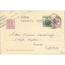1936. Matrona.15 c. lila + 10 c. verde. C. Arenal (Ed. 683) Valencia a Bucks, G. Bretaña. Mat. Valencia (Laiz 69Fg) 24€