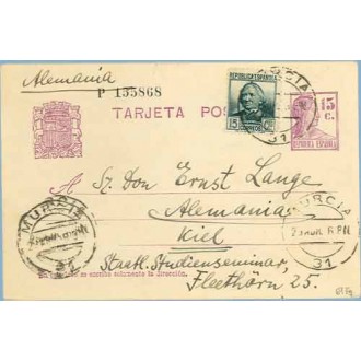1936. Matrona.15 c. lila + 10 c. verde. C. Arenal (Ed. 683) Murcia a Kiel, Alemania. Mat. Murcia (Laiz 69Fg) 24€