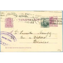 1936. Matrona.15 c. lila + 10 c. verde. C. Arenal (Ed. 683). Valencia a Bruselas. Mat. Valencia (Laiz 69Fg) 24€