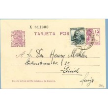 1937. Matrona.15 c. lila + 10 c. verde. C. Arenal (Ed. 683). Barcelona a Zurich. Mat. Barcelona (Laiz 69Fg) 24€