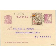 1936. Matrona. 15 c. lila + Sello Benéfico. La Coruña a El Ferrol. Mat. La Coruña (Laiz 69FLa) 60€