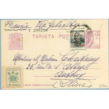 1936. Matrona.15 c. lila + 15 c. verde. C. Arenal (Ed. 684) con sobrecarga + sello local. Sevilla a Seine, Francia.Mat. Sevilla 