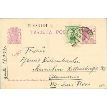 1932. Matrona.15 c. lila + 10 c. verde. J. Costa (Ed. 664) Valladolid a Alemania Via: Irún Paris. Mat. Valladolid (Laiz 69Fr) 24
