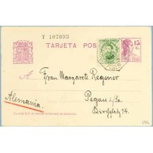 1934. Matrona.15 c. lila + 10 c. verde. J. Costa (Ed. 664) Soller, Baleares a Pegan, Alemania. Mat. Ambulante (Laiz 69Fr) 24€