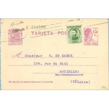 1932. Matrona.15 c. lila + 10 c. verde. J. Costa (Ed. 664) Barcelona a Bruselas. Mat. Barcelona (Laiz 69Fr) 24€
