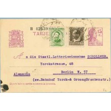 1935. Matrona.15 c. lila + 10 c. verde. J. Costa (Ed. 664) + 5c. castaño. B. Ibañez (Ed. 681) Monforte de Lemos, Lugo a Berlín (
