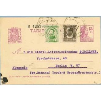 1935. Matrona.15 c. lila + 10 c. verde. J. Costa (Ed. 664) + 5c. castaño. B. Ibañez (Ed. 681) Monforte de Lemos, Lugo a Berlín (