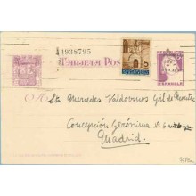 1937. Matrona. 25 c. sobre 15 c. lila + 5 c. castaño. P. Gotica (Barcelona Ed. 13) Barcelona a Madrid (Laiz 76FBa) 40€