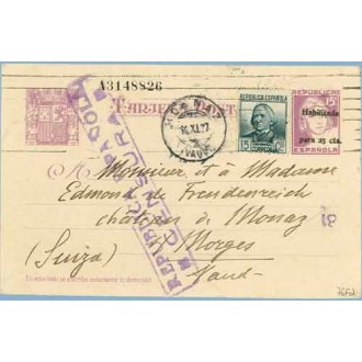 1937. Matrona. 25 c. sobre 15 c. lila + 15 c.gris. C. Arenal (Ed. 683) Barcelona a Morges, Suiza. Marca República Española Censu
