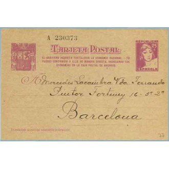1938. Matrona. 25 c. lila s. anteado. El Gobierno... Barcelona (Laiz 77) 65€