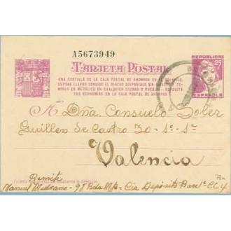 1939. Matrona. 25 c. lila sobre anteado. Una Cartilla...Siete cifras. Dirigida a Valencia (Laiz 78n) 60€