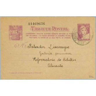 1938. Matrona. 25 c. lila s. anteado. Ciudadanos!...Siete cifras. Madrid a Alicante. Mat. Madrid (Laiz 80n) 60€