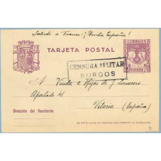 1938. R. Católicos.15 c. violeta. Villamar, Burgos a Vitoria. Marca Censura Militar Burgos (Laiz 81) 24€