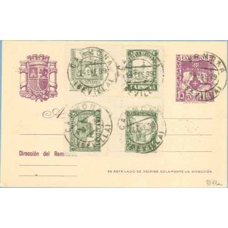 1939. R. Católicos.15 c. violeta + Sellos Benéficos. Cinco matasellos Carmona Sevilla (Laiz 81FLa) 60€