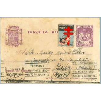 1938. R. Católicos.15 c. violeta + 10 c. negro, azul y rojo. Pro Tuberculosos (Ed. 840) Celanova, Orense a Gijón. Mat. Gijon (La
