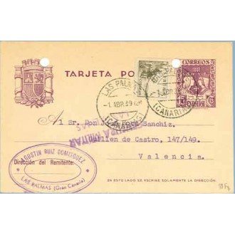 1939. R. Católicos.15 c. violeta + 5 c. sepia (Ed. 816) Las Palmas a Valencia. Mat. Las Palmas (Laiz 81Fq) 35€