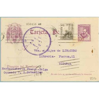 1939. Cervantes.15 c. violeta + 5 c. sepia. Cid (Ed. 816) S. Sebastián a Vitoria. Mat. S. Sebastián. Marca Censura Militar Gijón