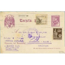 1939. Cervantes.15 c. violeta + 5 c. sepia. Cid (Ed. 816) + 5 c. castaño. V. de la Merced (Barna Ed. 23) Barcelona a Asturias. M