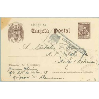 1939. Cervantes. 20 c. castaño. Salamanca a Avilés. Marca Censura Militar Postal Salamanca Num. 2 (Laiz 83) 50€