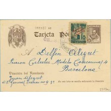 1939. Cervantes. 20 c. castaño + 5 c. azul. Liberación de Barcelona (Ed. 22) Molins de Rey a Barcelona. Mat. Molins de Rey. Marc