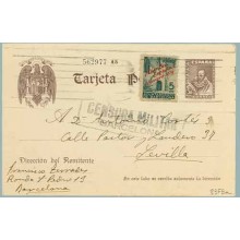 1939. Cervantes. 20 c. castaño + 5 c. azul verde. Liberación de Barcelona (Ed. 22) Sevilla a Barcelona. Marca Censura Militar Ba