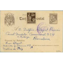 1939. Cervantes. 20 c. castaño + 5 c. castaño. (Barna Ed. 23). Molins de Rey a Barcelona. Mat. Molins de Rey. Marca Censura Mili
