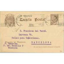 1941.Cervantes. 20 c. castaño. Valencia a Barcelona. Mat Valencia (Laiz 86) 8€