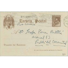 1942. Cervantes. 20 c. castaño sobre gris. Cartulina gris. Alicante a Puebla del Caramiñal, Coruña. Mat. Alicante (Laiz 86A) 14€