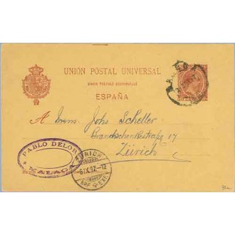 1897. Pelón.10 c. carmín. Málaga a Zurich. Mat. Malga. y llegada (Laiz 31a) 12€