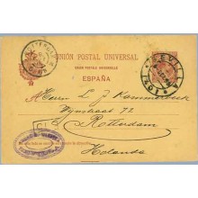 1895. Pelón.10 c. carmín. Sevilla a Rotterdam. Mat. Sevilla y llegada, marca E.15 (Laiz 31A) 10€
