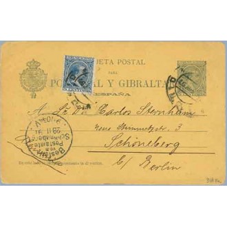 1897. Pelón. 5 c. verde + 5 c. azul. Pelón (Ed. 215) Madrid a Schoneberg. Mat. Madrid y llegada (Laiz 34AFa) 50€