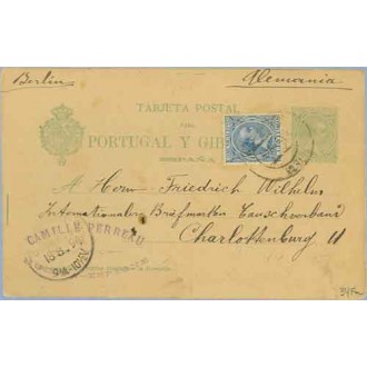 1894. Pelón. 5 c. verde. + 5 c. azul. (Ed.215) Huelva a Berlín. Mat. Huelva y llegada (Laiz 34Fa) 50€